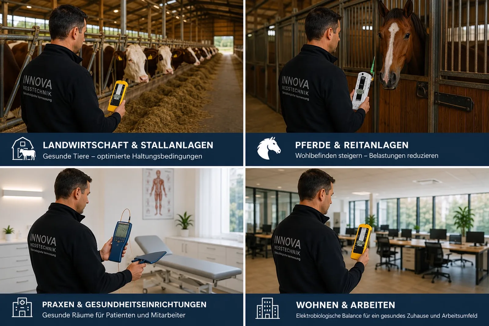 Four fields of work of InnovaMesstechnik: agriculture and barns, horses and riding facilities, medical practices and health facilities, living and working spaces.